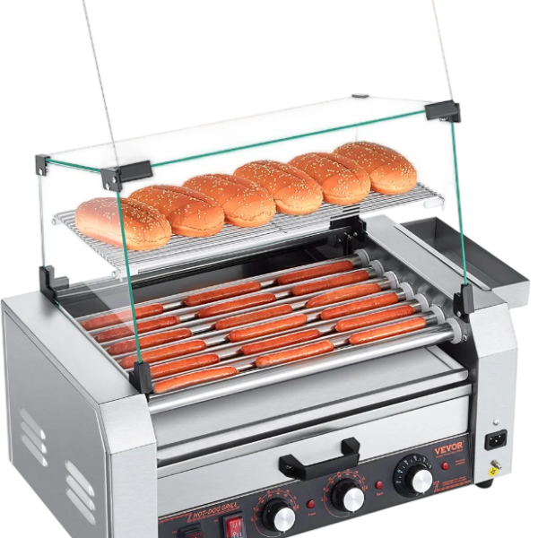 Vevor Electric 18 Hot Dog 7-Roller Grill Machine with Bun Warmer and Cover 1200W New