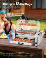Vevor Electric 18 Hot Dog 7-Roller Grill Machine with Bun Warmer and Cover 1200W New - Image 3