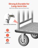 Vevor Bellman Luggage Cart 1200 Lbs Capacity Stainless Steel 4-Wheels Hotel Trolley New - Image 4