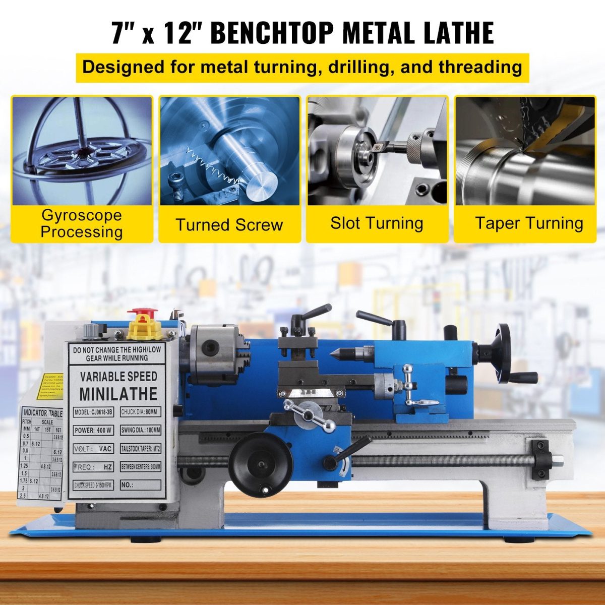 Vevor Mini Metal Lathe 7" x 12" Variable Speed 2250 RPM 400W New - Image 2