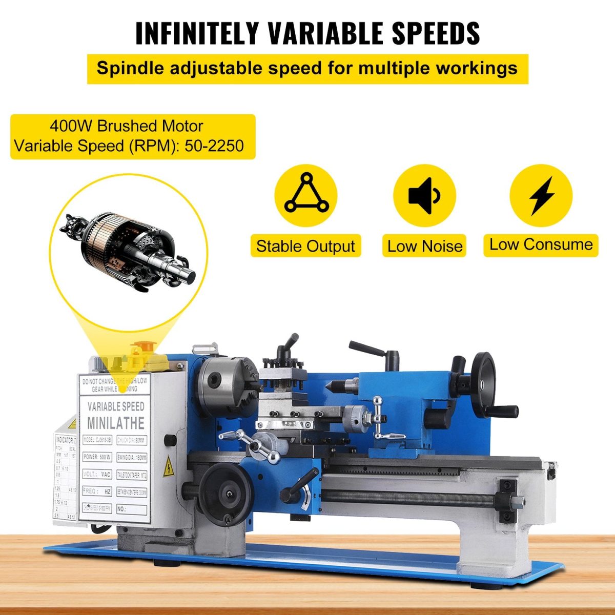 Vevor Mini Metal Lathe 7" x 12" Variable Speed 2250 RPM 400W New - Image 4