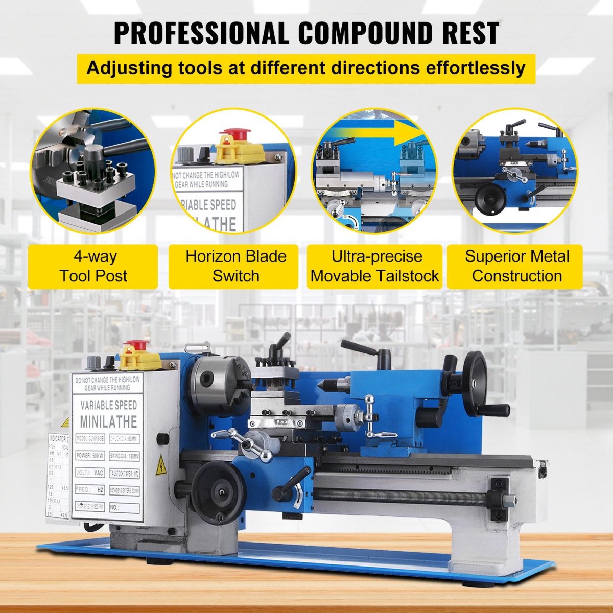 Vevor Mini Metal Lathe 7" x 12" Variable Speed 2250 RPM 400W New - Image 6