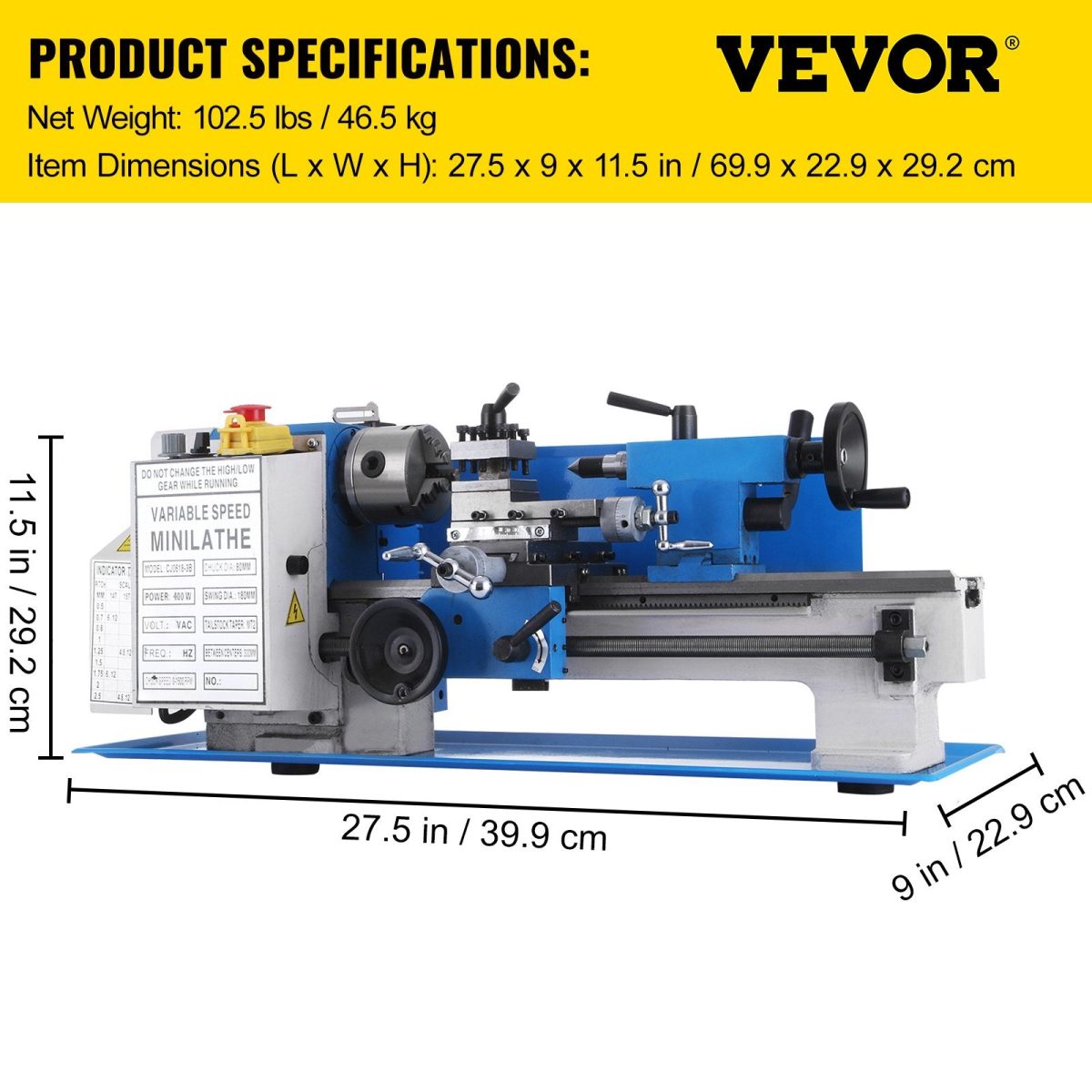 Vevor Mini Metal Lathe 7" x 12" Variable Speed 2250 RPM 400W New - Image 7