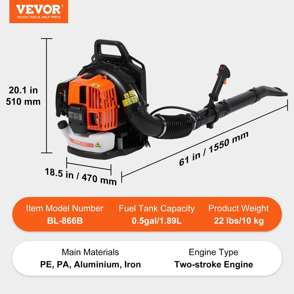 Vevor Backpack Leaf Blower 63cc 2-Cycle Gas Powered 1110 CFM New - Image 7