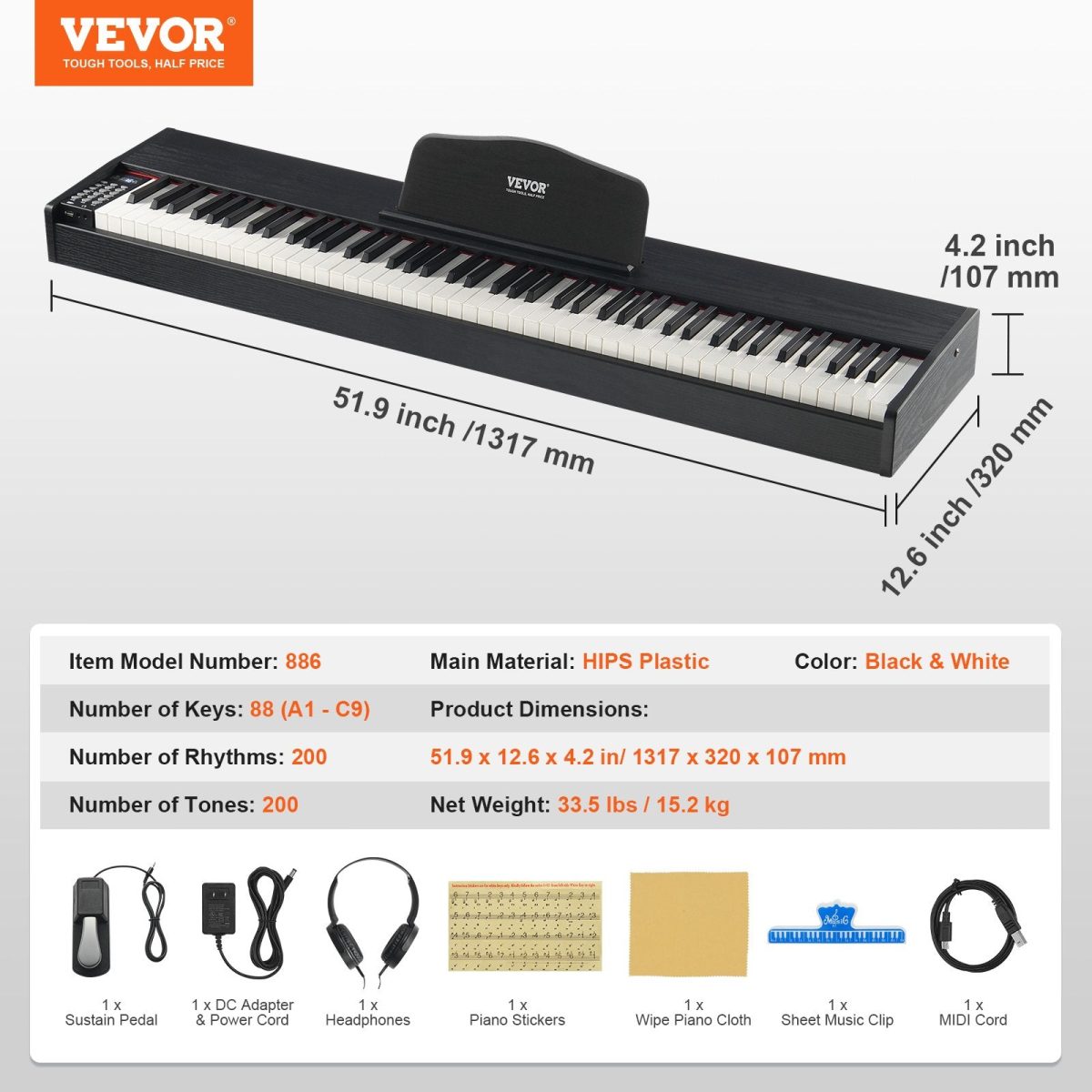 Vevor Digital Piano 88 Key Fully Weighted Dual Keyboard Speakers with Sustain Pedal New - Image 7