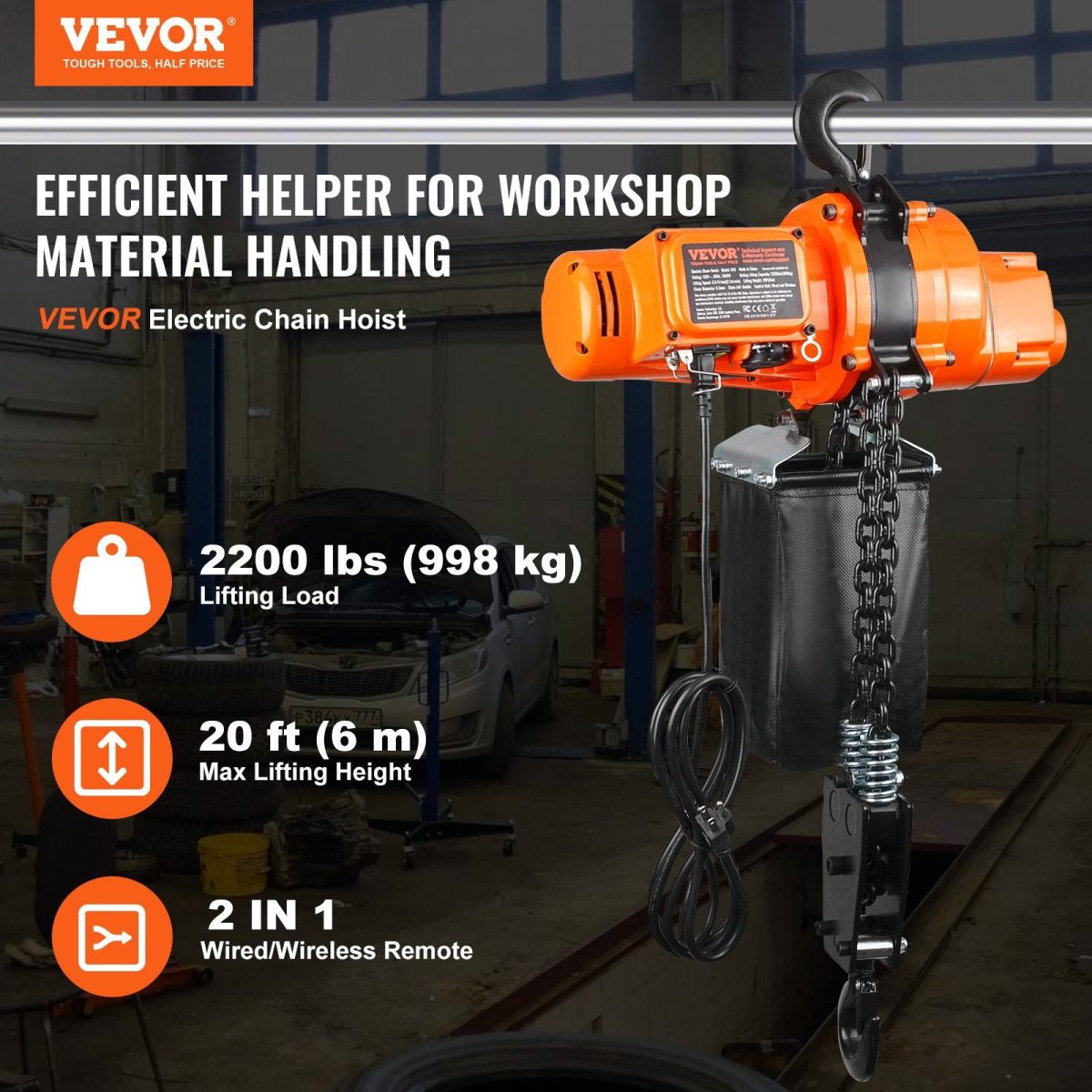 Vevor Electric Chain Hoist Single Phase 2200 Lbs Load 20 Ft Lifting New - Image 2