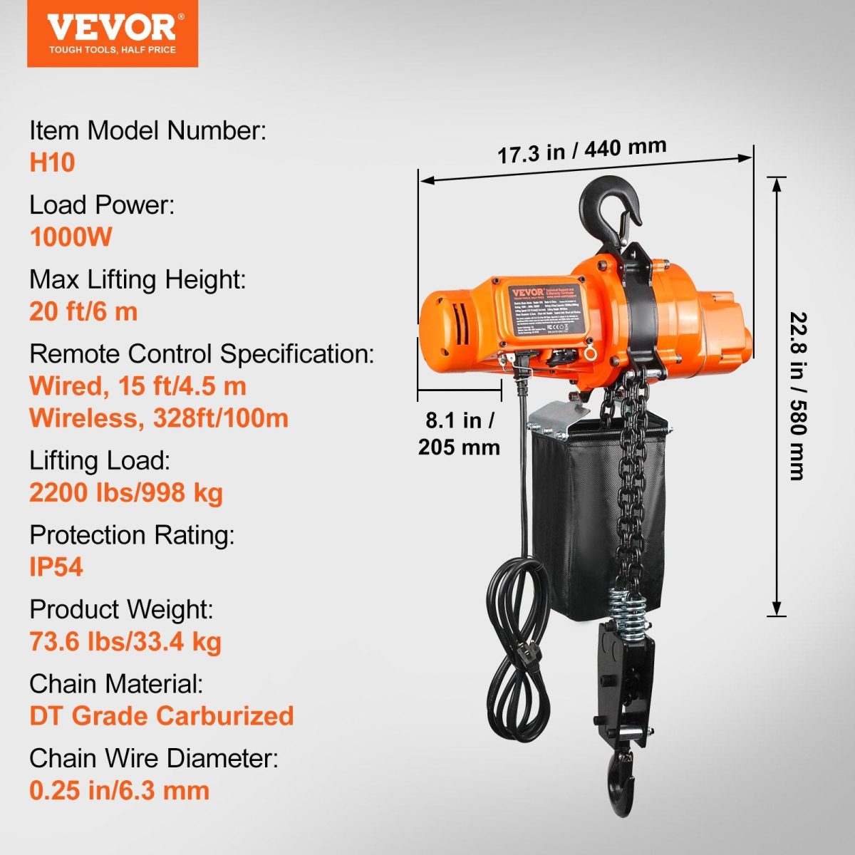 Vevor Electric Chain Hoist Single Phase 2200 Lbs Load 20 Ft Lifting New - Image 7