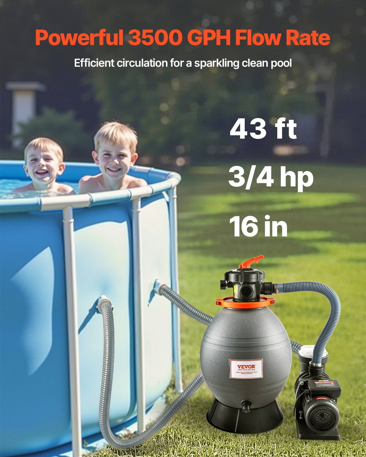Vevor Sand Filter Pump 16" for Above Ground Pools 3/4 HP 3500 GPH Flow Rate New - Image 2