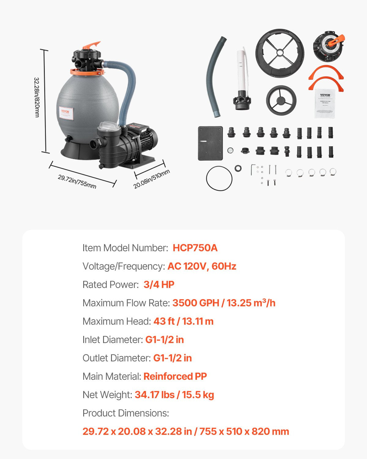 Vevor Sand Filter Pump 16" for Above Ground Pools 3/4 HP 3500 GPH Flow Rate New - Image 7