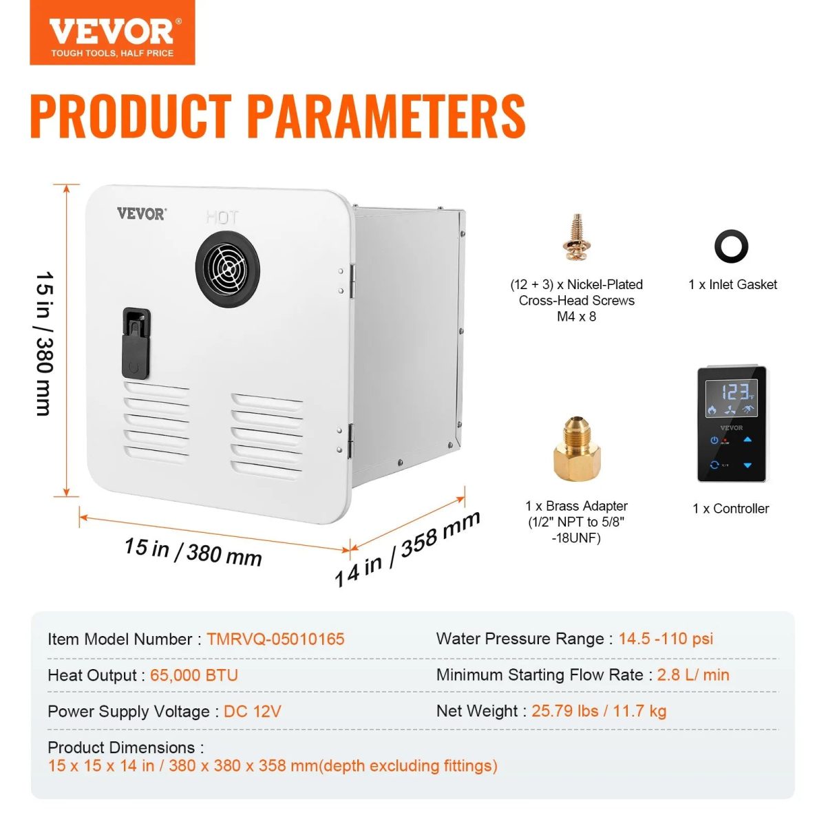 Vevor RV Tankless Water Heater 15" x 15" Propane Gas 65000BTU with Controller New - Image 7