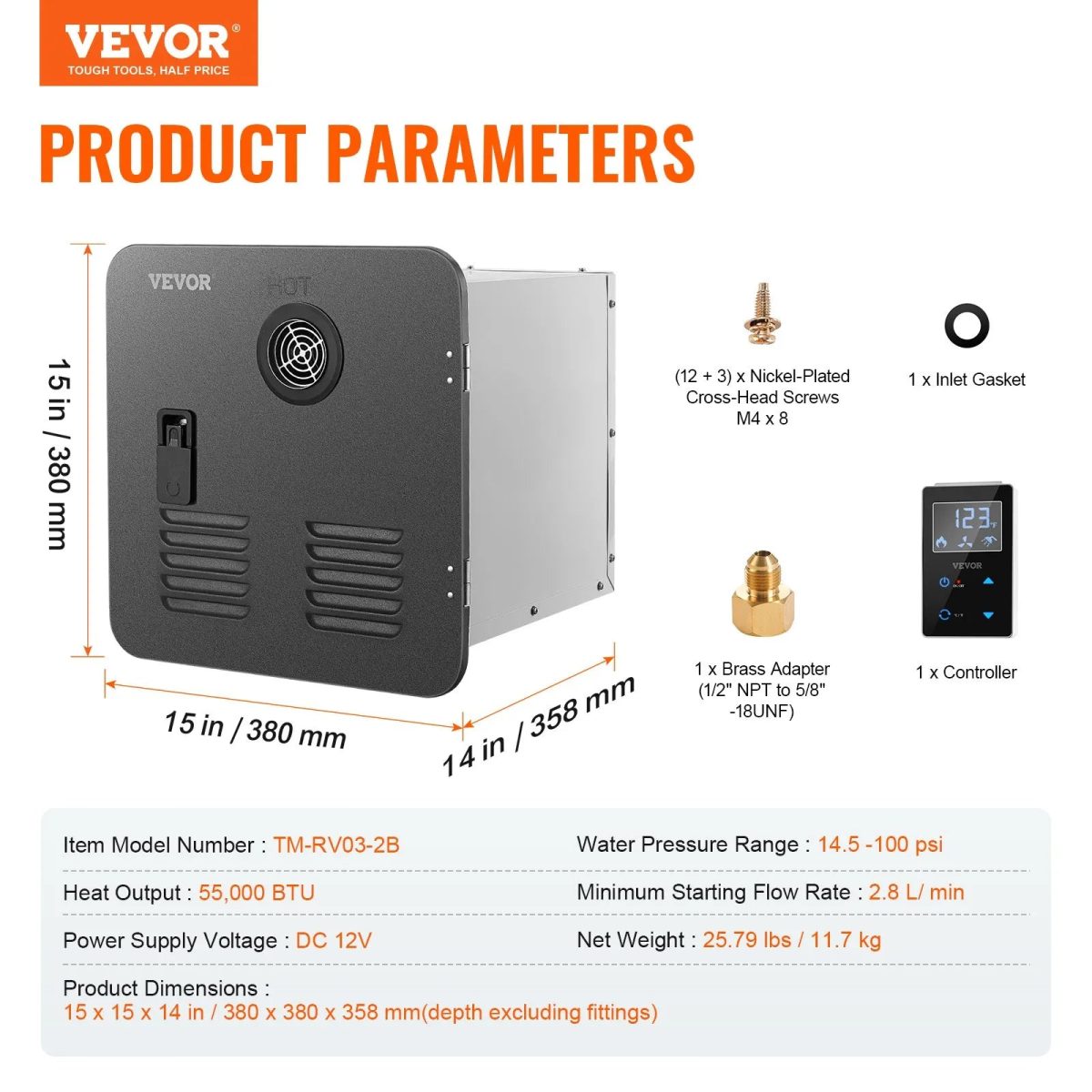 Vevor RV Tankless Water Heater 15" x 15" Propane Gas 55000BTU with Remote Controller New - Image 7