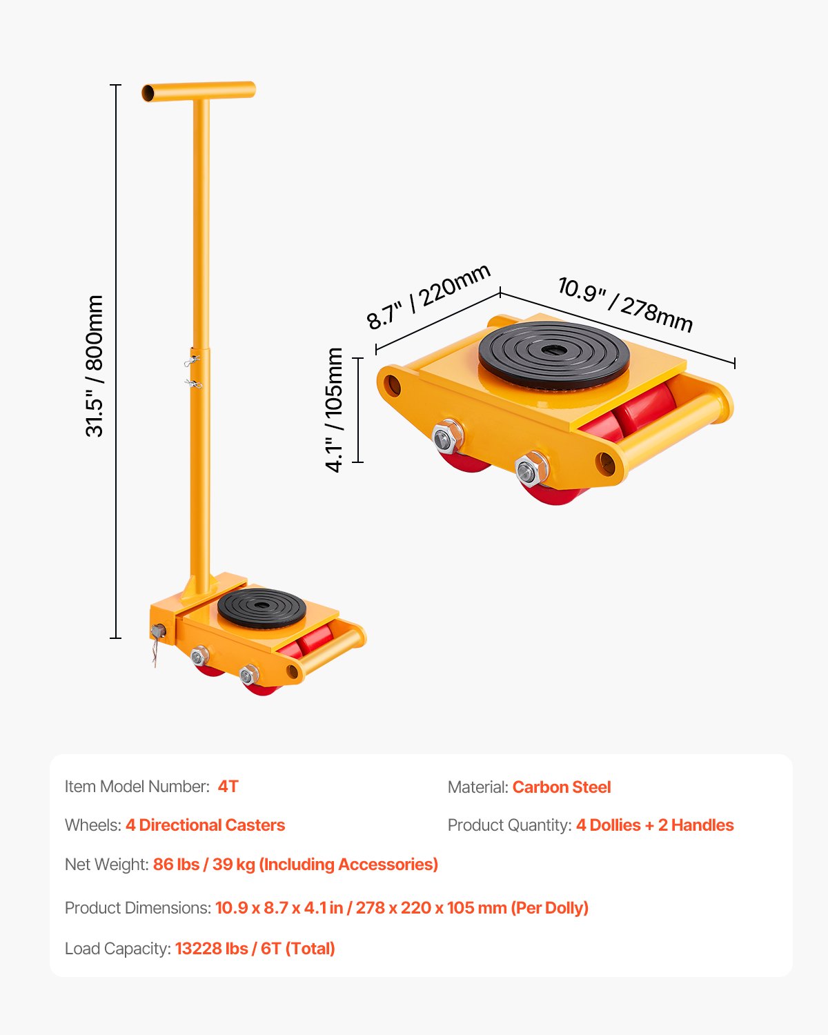 Vevor Machinery Skate Dolly 13,228 Lbs Capacity with Handle 360° Rotation New - Image 7