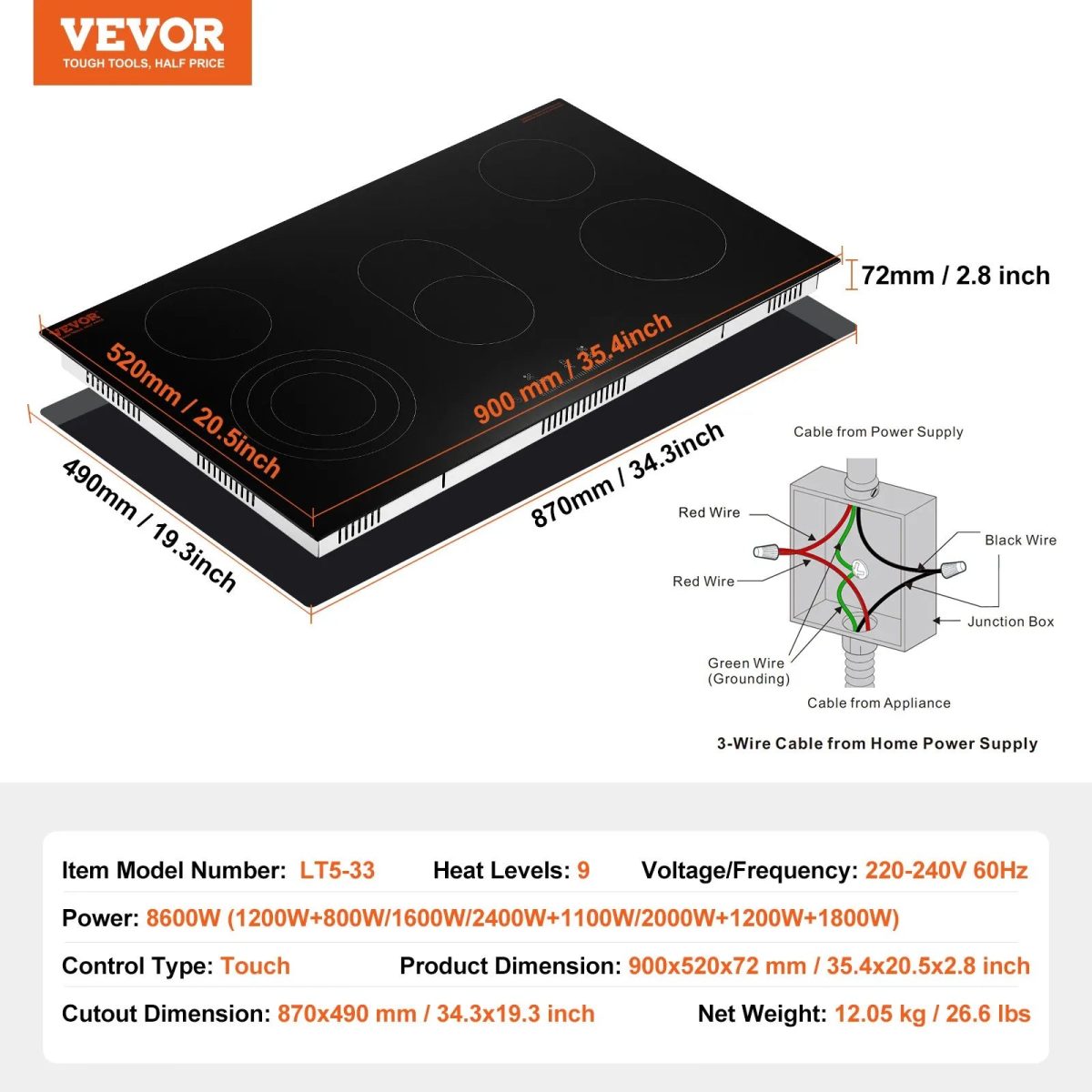 Vevor Electric Ceramic Cooktop 5 Burners with Touch Control 8600W 35.4" x 20.5" New - Image 7