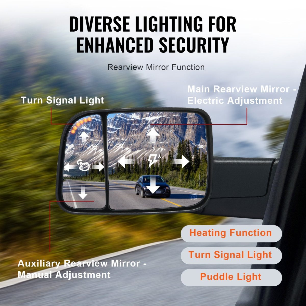 Vevor Towing Mirrors Power Heated with Turn Signal and Puddle Light for Dodge Ram New - Image 4