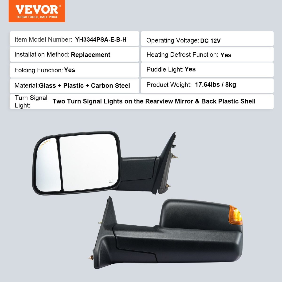 Vevor Towing Mirrors Power Heated with Turn Signal and Puddle Light for Dodge Ram New - Image 7