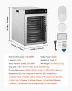 Vevor Rotary Food Dehydrator 12 Tray Machine Stainless Steel 800W New - Image 7