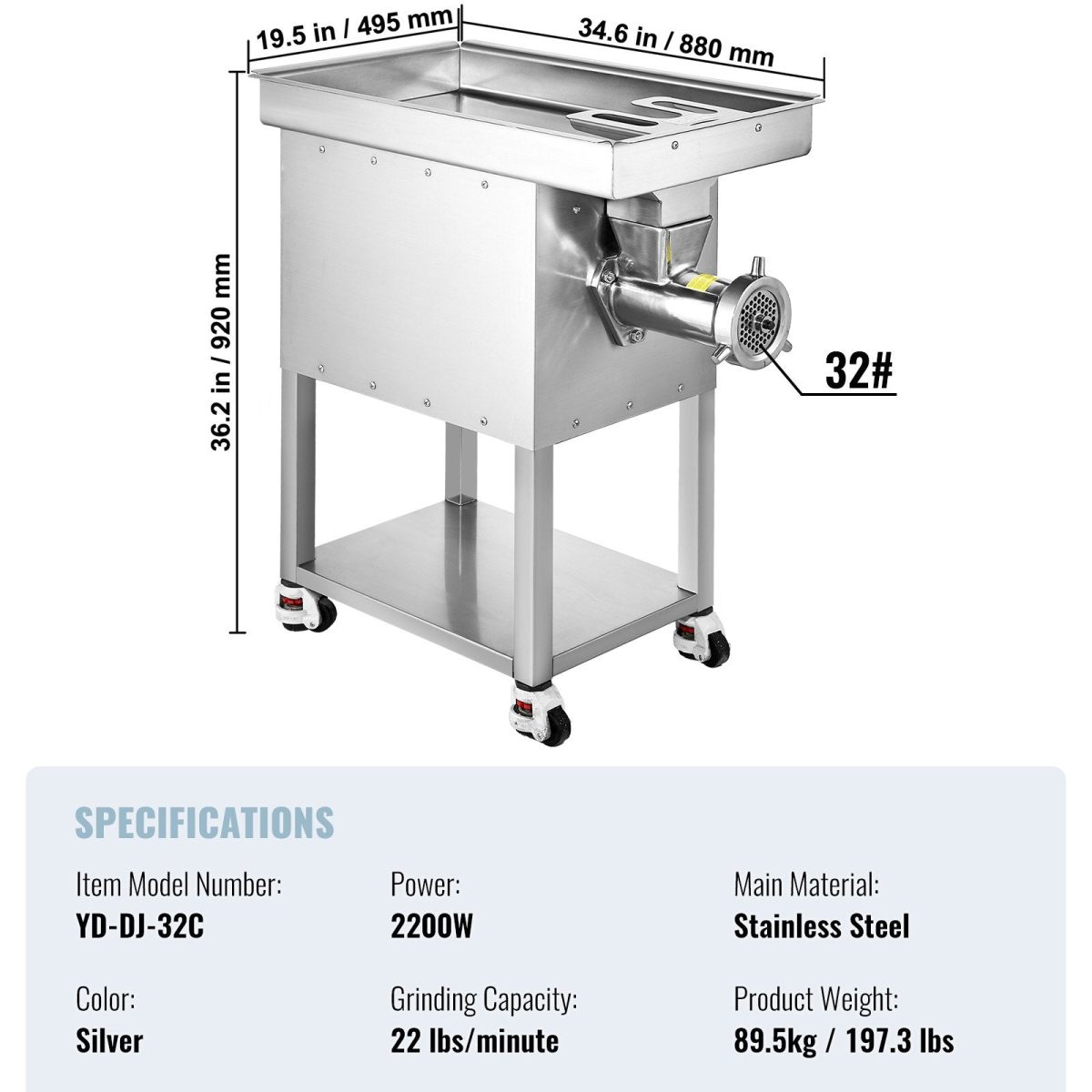 Vevor Commercial Meat Grinder 22 Lbs/Min High Efficiency with Sausage Stuffer 2200W New - Image 7