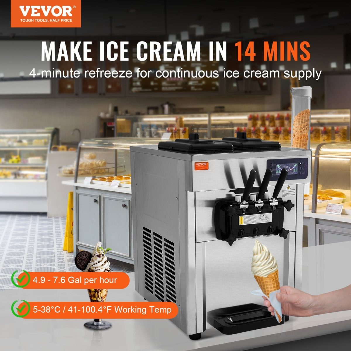 Vevor Commercial Ice Cream Machine 3-Flavor with Two 1.5 Gal. Hoppers LED Panel New - Image 2