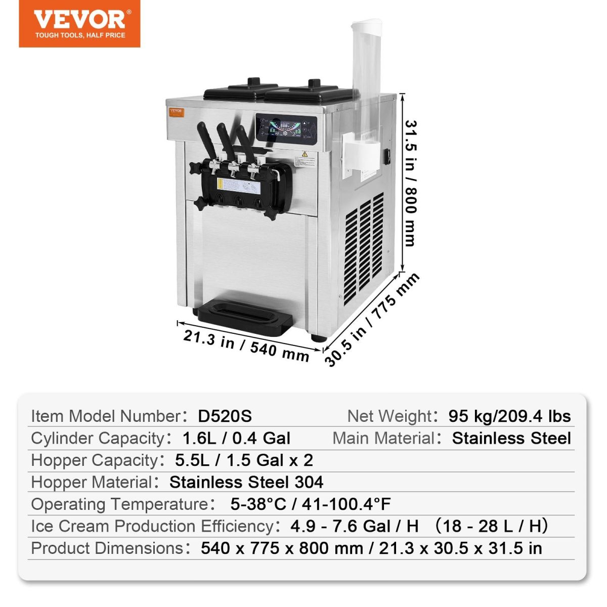 Vevor Commercial Ice Cream Machine 3-Flavor with Two 1.5 Gal. Hoppers LED Panel New - Image 7