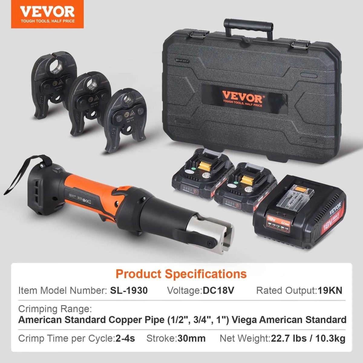 Vevor Pipe Crimping Kit Pro Press Tool Cordless with 3 Jaw Sizes New - Image 7
