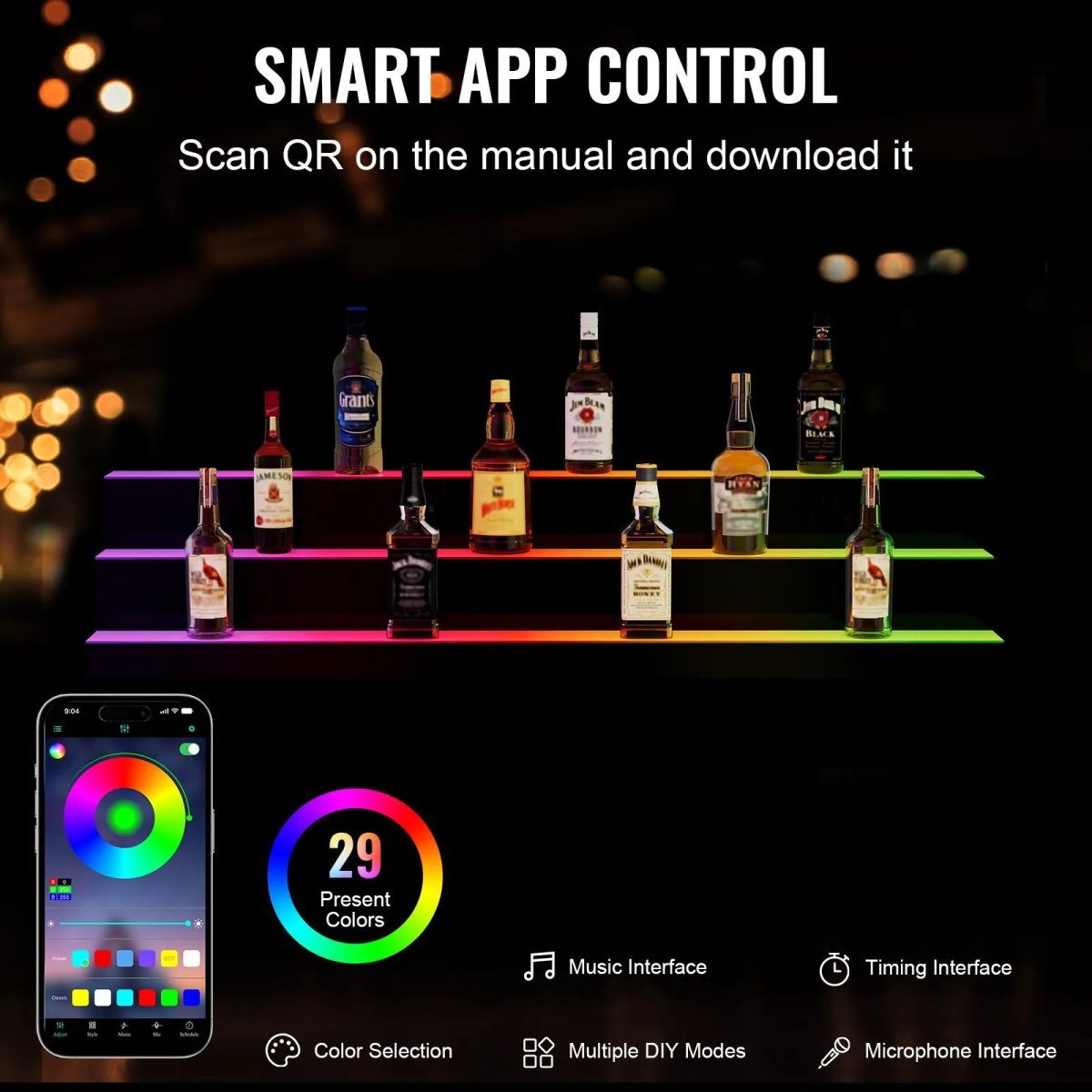 Vevor Lighted Bottle Display LED 48" 3-Step Bar Shelf with App Control New - Image 3