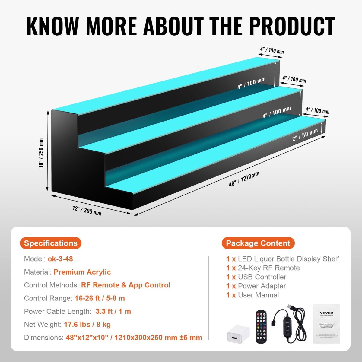 Vevor Lighted Bottle Display LED 48" 3-Step Bar Shelf with App Control New - Image 6